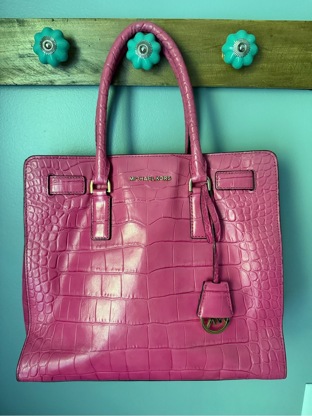 Michael Kors Hot Pink Magenta Croc-Embossed Leather Tote